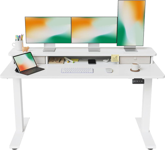 60 X 24 Inch Height Adjustable Electric Standing Desk with Double Drawer, Stand up Desk with Storage Shelf, Sit Stand Desk, White