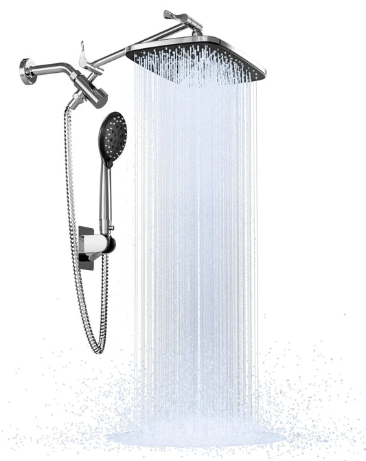 12 Inch High Pressure Rain Shower Head Combo with Adjustable Extension Arm - Wide Rainfall & 5 Spray Handheld Showerhead - Dual Anti-Clog Nozzles for Ultimate Shower Experience, Silver Chrome