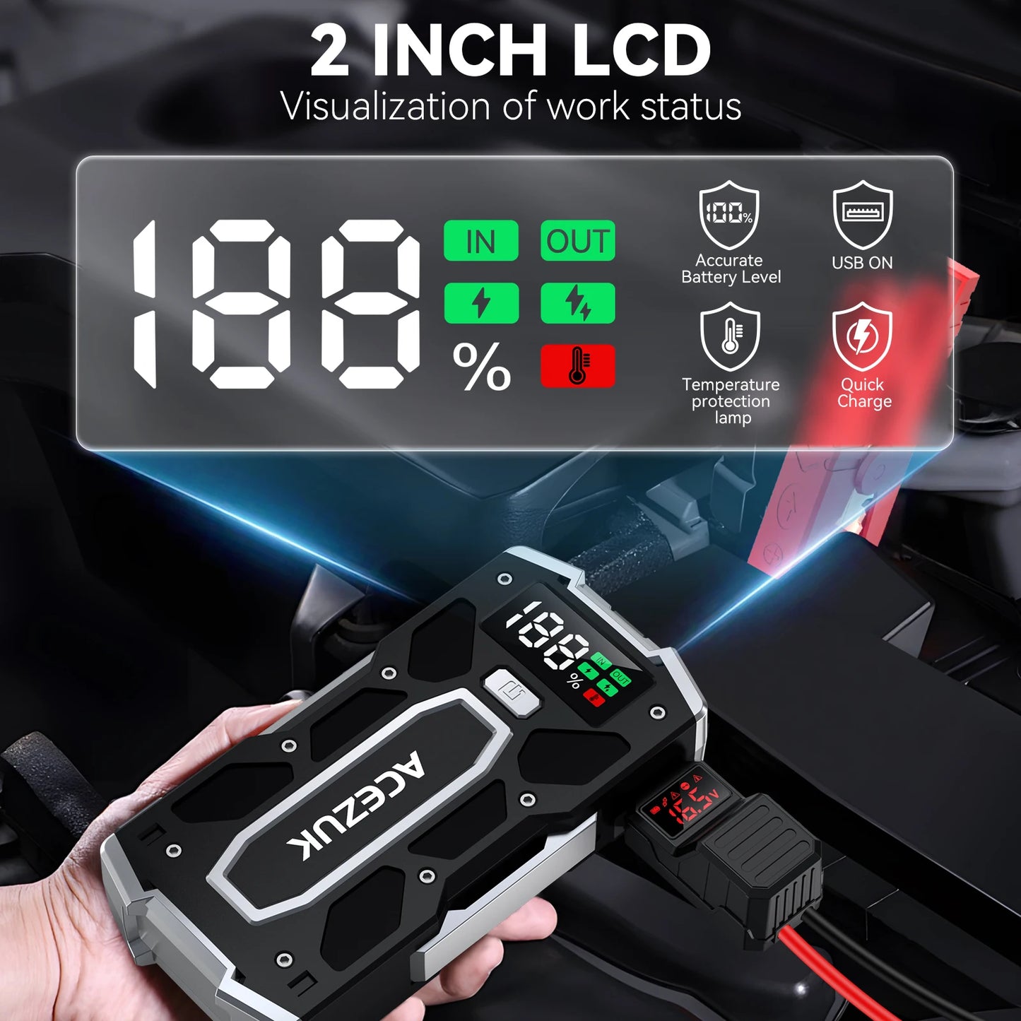 5000A Jump Starter with Portable Carry Case - 12V Display Smart Clip Power Bank with 400 Lumen LED Light