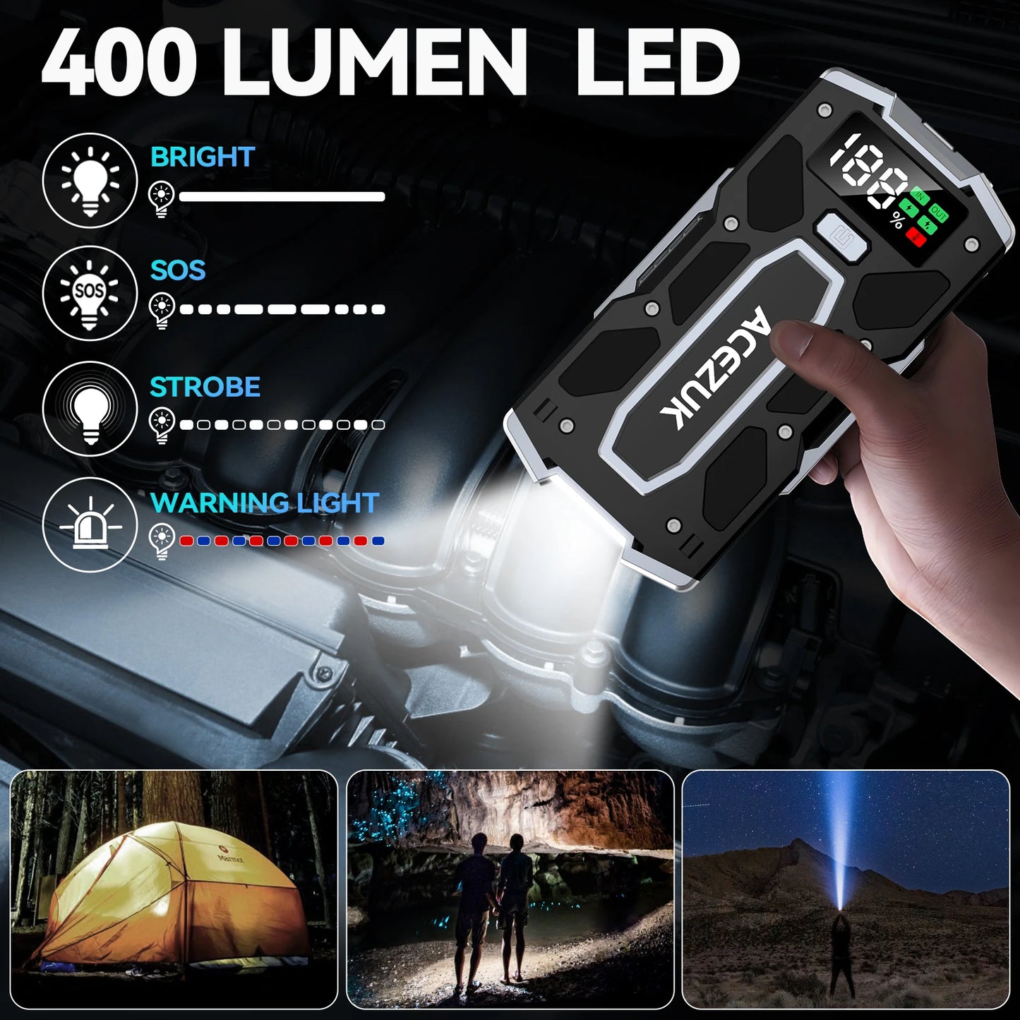 5000A Jump Starter with Portable Carry Case - 12V Display Smart Clip Power Bank with 400 Lumen LED Light