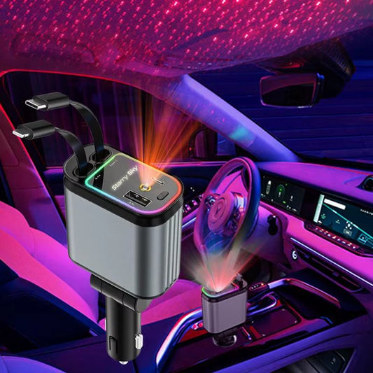 4-in-1 Car Charger with Starry Sky Spotlight - Retractable USB-C Fast Charging Cable for Office & Travel