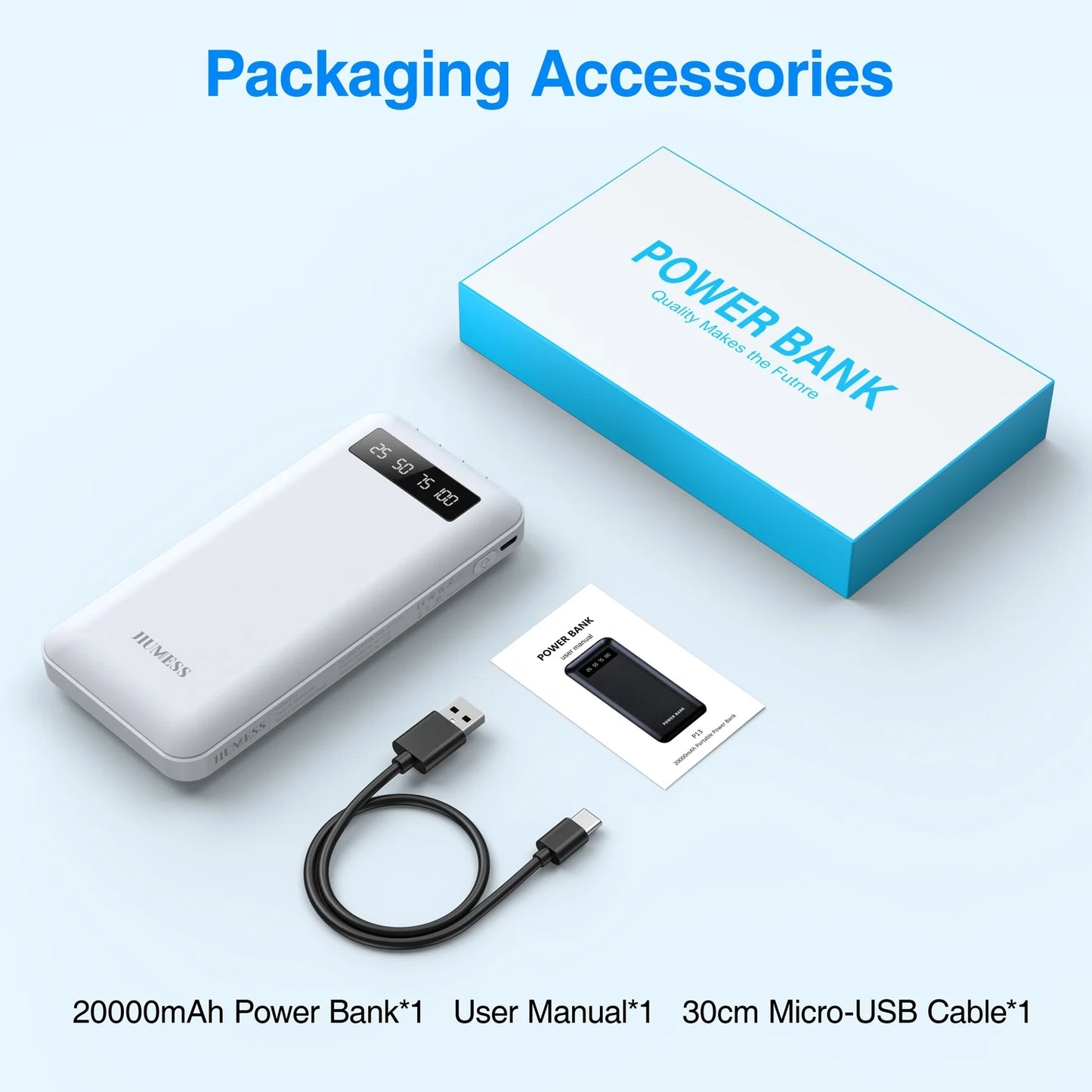 20000mAh Power Bank Portable Charger with Built-in Cables - Fast Charging Battery Pack for iPhone & Android